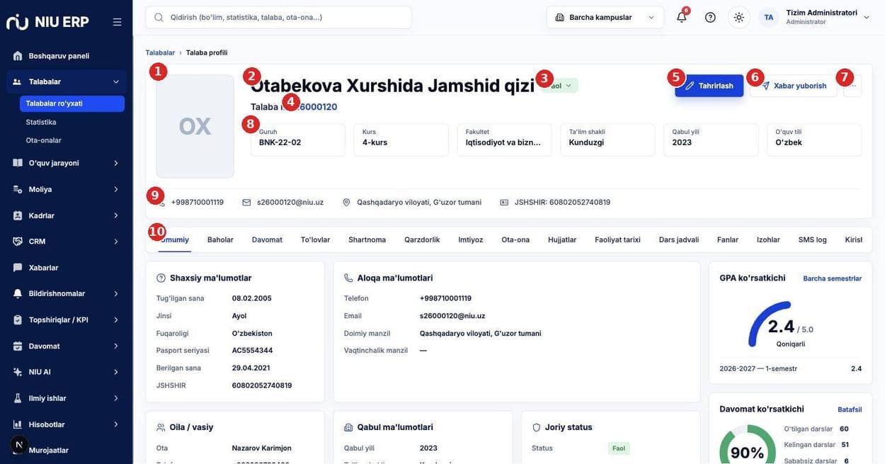 Talaba profili — sarlavha va bo'limlar qatori