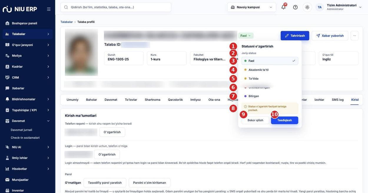 "Statusni o'zgartirish" paneli